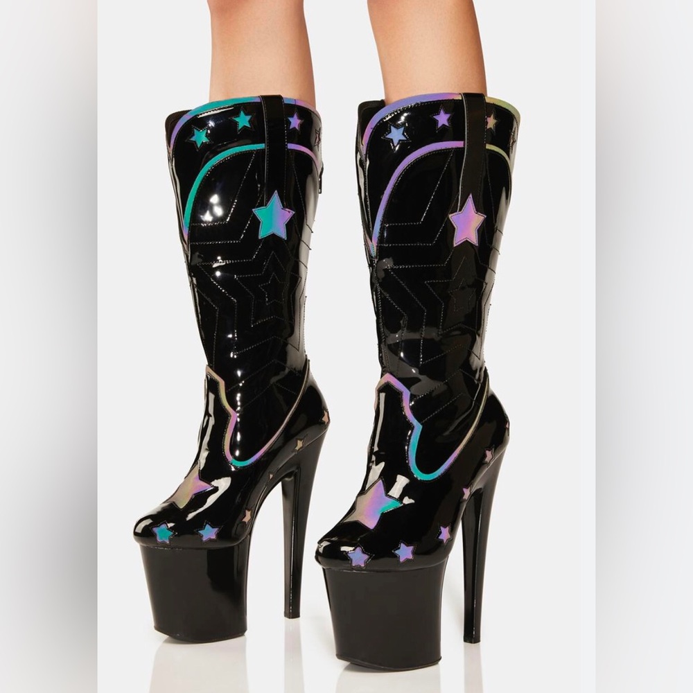 Y.R.U. Dolly Star Reflective Black Platform boots 7.5” Heel Western New - Picture 1 of 11